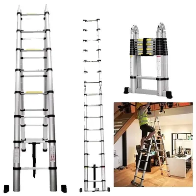Zdjęcie produktu dla Drabina teleskopowa, stal nierdzewna, nośność 150 kg, drabina składana 5 m