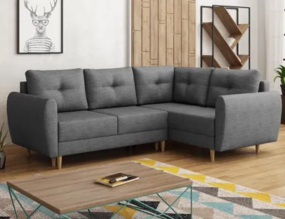 Produktbild von Easy4You Dunkelgrau Ecksofa Manstad in L-Form 234x90x160 cm mit Schlaffunktion und Bettzeugbehälter - Schlafsofa mit Bettkasten und Holzfüße - Eckcouch Rechts mit Stauraum - Stoff: Lux 06