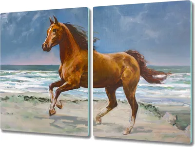 Produktbild von Coloray Herdabdeckplatte 2x40x52 cm Schneidebrett Kochplattenabdeckung Küchenbrett Hackbrett - Strand Küste Wellen des Meeres Pferd