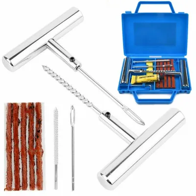 Produktbild von Reparaturset für schlauchlose Reifen - 27-teilig - 12 Metallwerkzeuge - 15 vulkanisierte Dichtstreifen - Hochbelastbarer Stahl - Wasserdichter Aufbewahrungskoffer - Blau