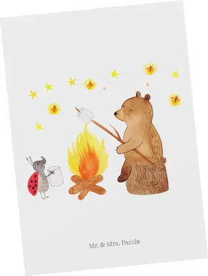 Produktbild von Mr. & Mrs. Panda Postkarte Bär & Marienkäfer Lagerfeuer - Weiß - Geschenk, bildkarte, Postkarten, Teddy, Ansichtskarten, Ansichtskarte, Grußkarte