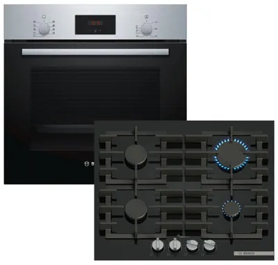 Produktbild von Herdset BOSCH Backofen Schnellaufheizung Teleskopauszug + Gaskochfeld FlameSelect autark 60cm