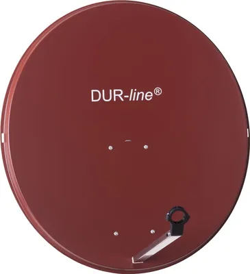 A red satellite dish is shown against a white background.