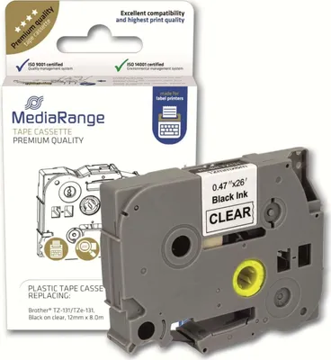 Produktbild von MediaRange Kunststoff-Schriftbandkassette, für/ersetzt Brother TZ-131/TZe-131, permanent haftend, 12mm, 8m, laminiert, schwarz auf transparent, Schwarz, Transparent, Tintenstrahl, Permanent, 1,2 cm, 1 Stück(e)