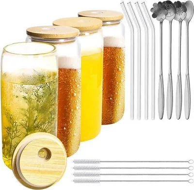 Productafbeelding van Famanu drinkglazen, set van 4 met bamboe deksel en glazen rietjes - 473 ml