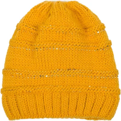 Produktbild von styleBREAKER Damen Strick Wintermütze mit Pailletten, Öffnung für Pferdeschwanz und Thermo-Fleece Futter, Beanie Mütze 04024177