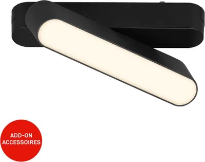 A black LED light fixture with a rotating head is shown against a white background. A red circular overlay with text is in the lower left corner.