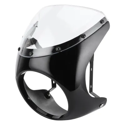 A black and clear motorcycle headlight fairing is shown against a white background.