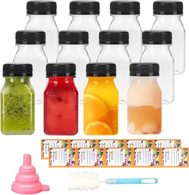 Produktbild von Plastikflaschen transparent, 120 ml, 12 Stück, mit Deckel und Zubehör für Getränke