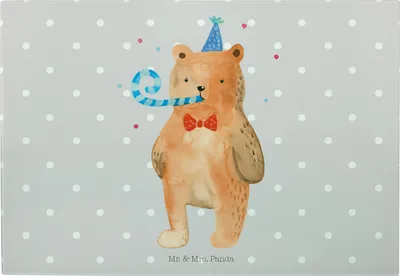 Produktbild von Mr. & Mrs. Panda Servierplatte Bär Geburtstag - Grau Pastell - Geschenk, Vesperplatte, Frühstücksbrett, Schneidebrett, Hackbrett, Glas, Glückwunsch, Teddy, Alles Gute