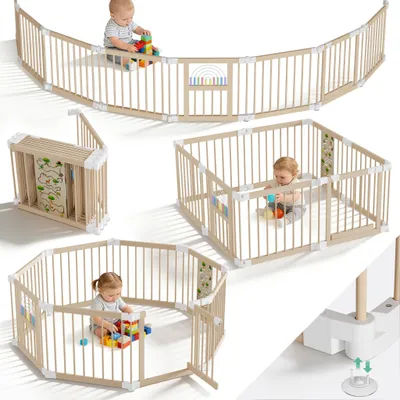 Image de Parc pour bébé XMTECH, pliable, en bois, 8 éléments, réglable, sûr et stable, avec porte