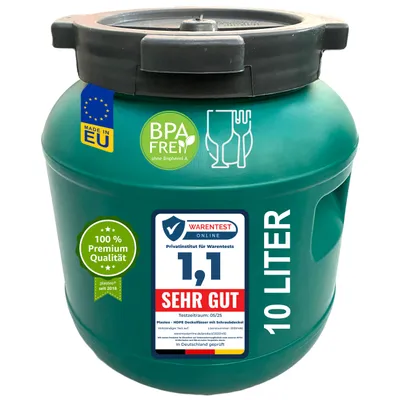 Produktbild von plasteo Weithalsfass 10 L Deckelfass lebensmittelecht – stabiles HDPE Universalfass mit Schraubverschluss, für Futter, Lagerung und Transport, grün