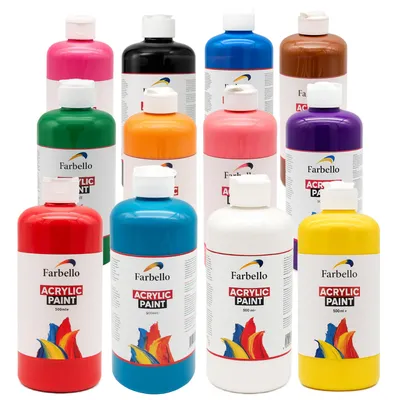 Produktbild von Farbello Acrylfarben Set 12x500 ml – hochpigmentierte wasserfeste Künstlerfarben für Leinwand, Holz, Stoff & Stein (12 Farben)