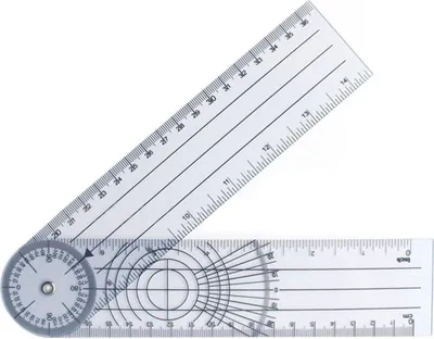 A transparent protractor and ruler with degree markings, used for measuring angles and lengths.