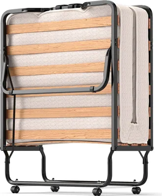 A folded-up portable bed with a mattress and wooden slats, resting on a metal frame with wheels.