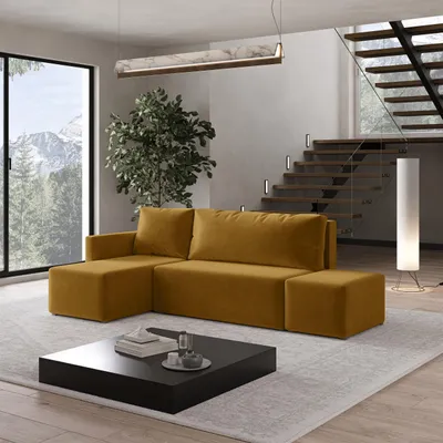 Produktbild von Masseno Ecksofa VELOTTI L-S mit Schlaffunktion L-Form, Sofa mit Bettkasten, Wohnzimmersofa, Couch, Soffa, Bettsofa, Couchgarnitur- Gelb, KRONOS 01