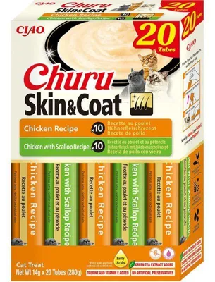 Zdjęcie produktu dla Przysmak dla kota INABA CAT CHURU SKIN & COAT kurczak przegrzebki 20x14g