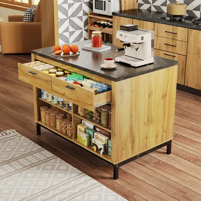 Produktbild von STILVORA Kücheninsel mit Metallgestell,Sideboard im Landhausstil mit Eichenholzmaserung,Küchenarbeitstische mit 4 offenen Regalen und 2 Schubladen,Schwarz+Natur