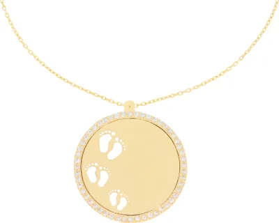 Produktbild von 585er Gelbgold Collierkette mit Gravurplatte Rund Platte Kette mit Zirkonia mit Füsschen -Ø22,5