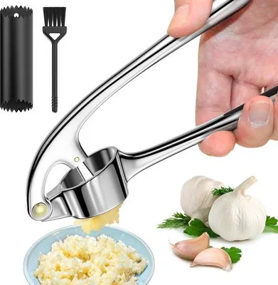 Produktbild von Knoblauchpresse, praktische Küchenhilfe, silber, mit Schaber und Bürste