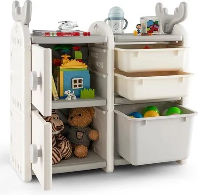 Produktbild von Famanu Spielzeugregal mit 4 Aufbewahrungsboxen und Bücherregal - Grau