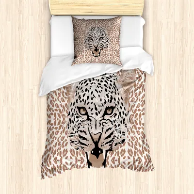 Produktbild von ABAKUHAUS Modern Mantele, Roaring Wilder Leopard, Milbensicher Allergiker geeignet mit Kissenbezügen, 135 cm x 200 cm - 80 x 80 cm, Cocoa Beige Schwarz