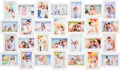 Produktbild von XL Bilderrahmen Collage für 28 Fotos 10 x 15 cm und 15 x 10 cm Weiß Kunststoff mit Schutzabdeckung je Bild 3D Optik überlappende Rahmen Hoch oder Quer aufhängbar Gesamtmaß 103,5 x 60,5 cm