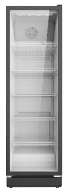 An empty, tall, glass-fronted refrigerator with multiple shelves, shown from the front.
