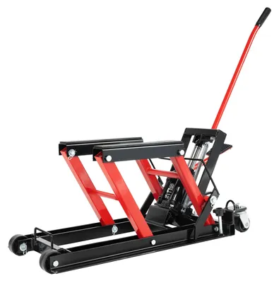 Produktbild von Hydraulische Motorradhebebühne - Motorradheber Wagenheber - Tragkraft 680 kg - Hubbereich 11,5–36,5 cm - Fußbedienung - Griff 57,5 cm - Rot