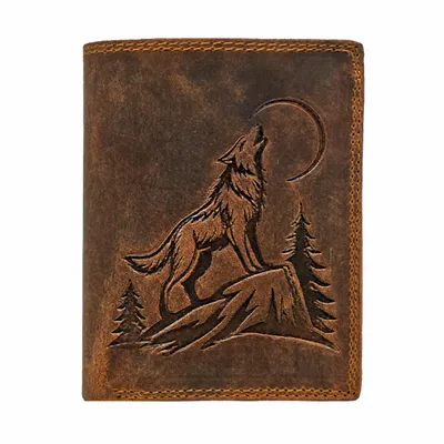 Produktbild von RFID Büffel Echt Leder Herren Geldbörse Portemonnaie mit geprägtem Wolf Motiv Braun Hochformat, KI-generiertes Bild