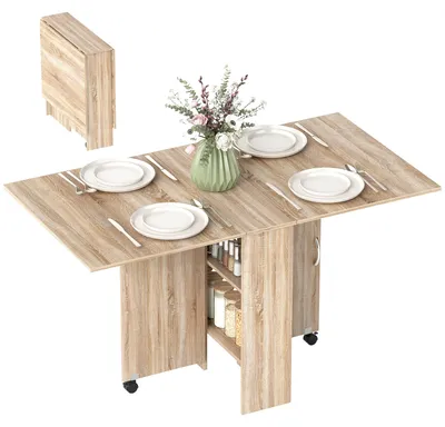 Produktbild von Klapptisch mit 2 Ausziehplatten fš¹r 6 Personen mit integrierten Ablagen und Rollen, aus Naturholz