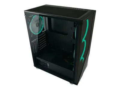 A black computer case with teal accents and a clear side panel, shown from a three-quarter angle against a white background.