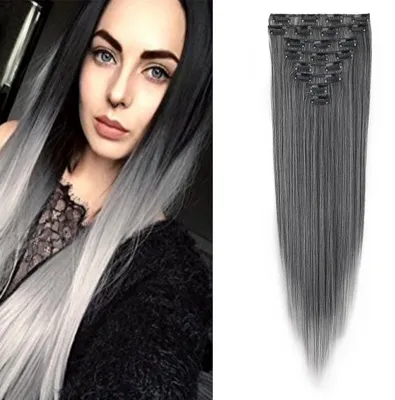 Immagine prodotto di Clip-in, extension per capelli naturali, set da 8 pezzi, lisci, 60 cm, neri con effetto ombre sfumato su grigio