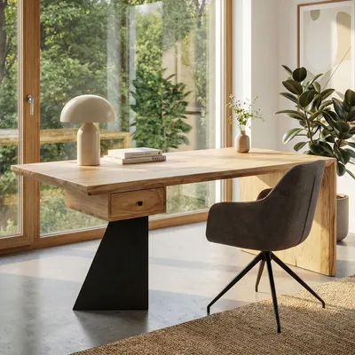 Produktbild von FineBuy Schreibtisch Massivholz Akazie 180cm rechteckig mit Schublade - Moderner massiver Bürotisch mit Metall - Natur Holztisch Industrial Design