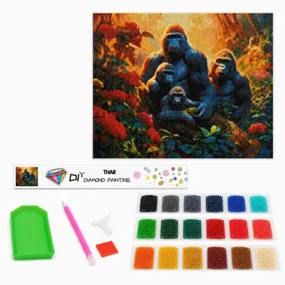 Imagen del producto de Kit completo de pintura con diamantes THAR, diseño de familia de gorilas, 40 x 50 cm