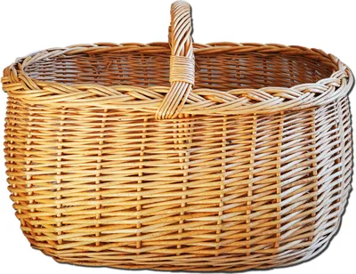 A woven basket with a handle, presented against a white background.