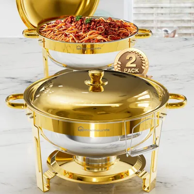 Produktbild von WARMOUNTS 2er Chafing Dish, 4,7L Rund Edelstahl Buffetwärmer mit Edelstahldeckel & Halterung, Spiegelpoliert für Party Event Hochzeit