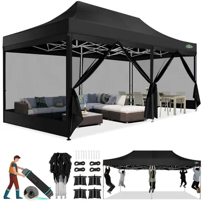 Produktbild von Faltpavillon 3x6m Schwarz Wasserdicht UV-Schutz 50+ mit 6 Mesh-Seitenwänden