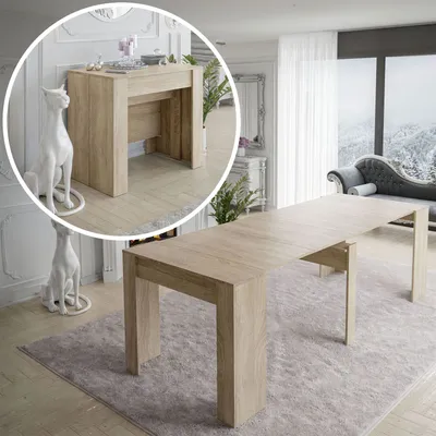 A dining table in an extended state, with a close-up inset showing the table in its console form.