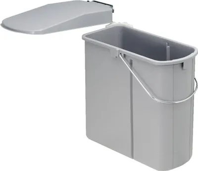 A gray trash can with its lid open, shown against a white background.