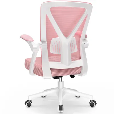 A rear view of a pink and white office chair.