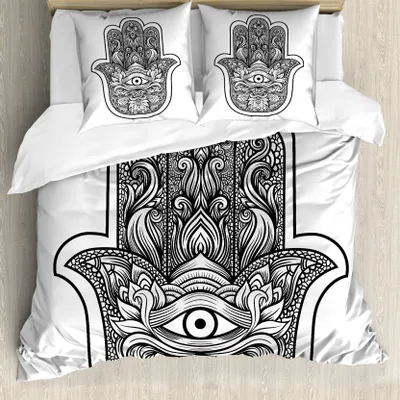 Produktbild von ABAKUHAUS Hamsa Bettbezug, Bohemian Motiv, Milbensicher Allergiker geeignet mit Kissenbezügen, 200 cm x 200 cm - 80 x 80 cm, Weiß und Schwarz