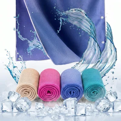 Produktbild von Kühltuch 100 × 30 cm mit Druckknöpfen, 4er Set Kühlendes Sporthandtuch, Kühlhandtuch für Nacken & Sport, Kühlendes Handtuch für Sport, Fitness, Sommer