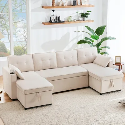 Produktbild von Odikalo Schlafsofa L-form Lounge Sofa Sessel Ausziehbar Stauraum Becherhalter Beige
