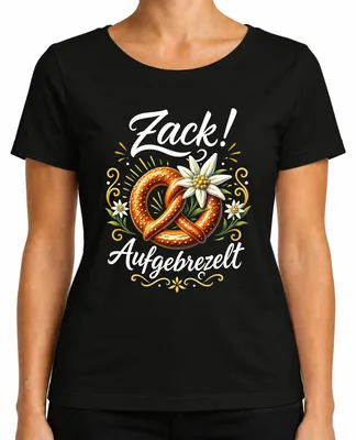 Immagine prodotto di Bretzel artigianale, Edelweiss, camicia tradizionale alpina, pantaloni in pelle, t-shirt da donna, nero, taglia M