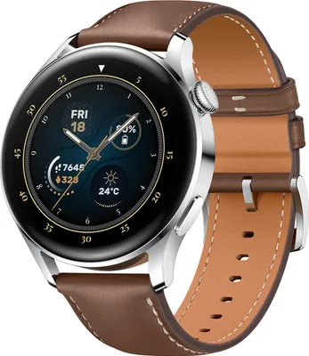 A close-up studio shot of a HUAWEI Watch 3 smartwatch with a brown leather strap.