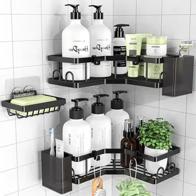 Produktbild von Famanu Eckduschcaddy 3er Set Badezimmerablage - Kein Bohren - Duschablage mit Seifenhalter - Schwarz
