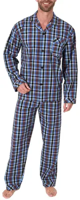 Produktbild von Eleganter Herren Pyjama langarm Schlafanzug gewebt zum Knöpfen im Karo Design - 65343 ; blau , 50