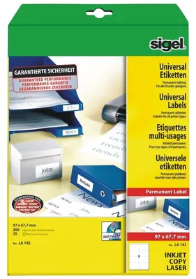 Produktbild von SIGEL LA142 Universal-Etiketten, 97 x 67,7 mm, weiß, 200 Etiketten