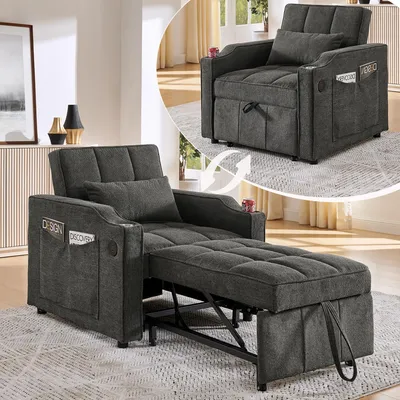 Zdjęcie produktu dla Fotel wypoczynkowy 3 w 1 z portami USB/Type-C, rozkładana sofa (190 cm) ze stalowymi uchwytami na napoje, funkcją łóżka i 3-stopniową regulacją oparcia